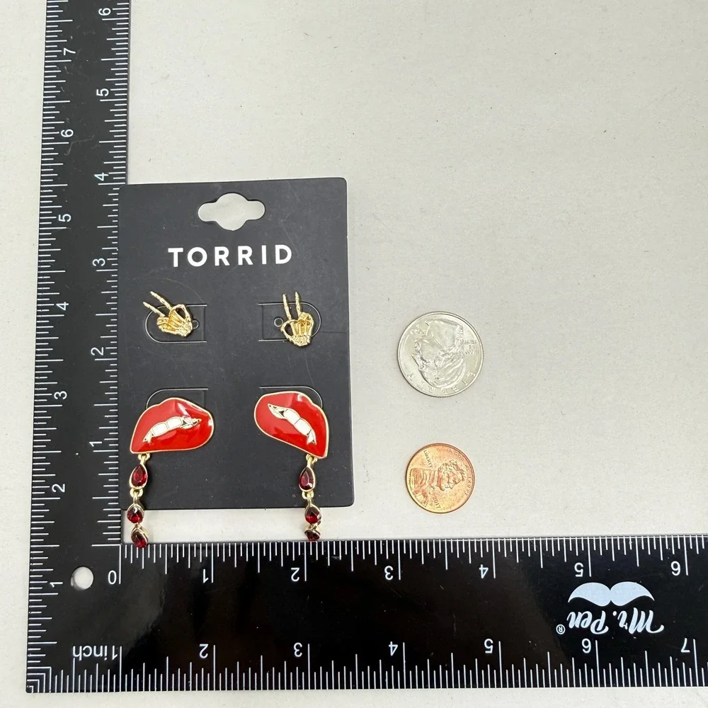 Torrid Earrings Set Skeleton Hand Studs Red Lips Dangle Faux Gemstone‎ Gold Tone